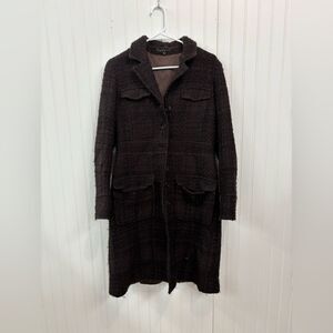 Theory Dark Brown Textured tweed wool button down Trench Coat